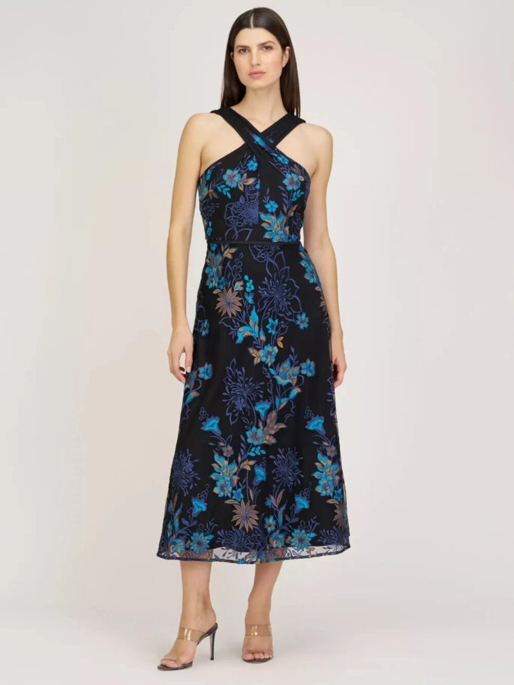 JS Collections Black Multi Floral Embroidered Halter Midi Dress